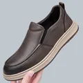 Men's dark brown slip-on leather shoes with lychee texture and thick rubber soles - EU 38 / Slip-on (5088) / Brown