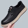 Men's casual leather loafers in black pebbled texture with anti-slip thick rubber sole - EU 38 / Lace-up (5089) / Black