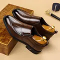 Dark brown slip-on leather shoes with gradient toe and textured upper for men - EU 38 / Brown