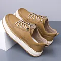 Men's brown casual leather sneaker with thick white rubber sole and stitched details - EU 38 / Yellow 807 Style