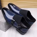 Blue crocodile pattern and suede leather monk strap men's formal dress shoes - EU 38 / Blue