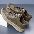 Men's stylish dark brown leather sneakers with soft beige rubber soles and round laces - EU 38 / Brown