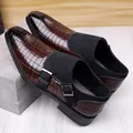 Brown and black double monk strap men's shoes with alligator texture and dual buckles - Brown