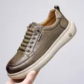 Olive green men's vintage slip-on sneakers with durable thick soles and retro leather finish - EU 38 / Khaki