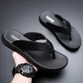 Men's black leather flip flops with lychee texture and comfortable beach sandal design - EU 38 / Black (6699)