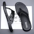 Men's leather flip flops with black crocodile texture and soft rubber sole for beach - EU 38 / Black (3332)