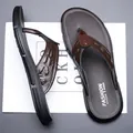 Men's dark brown genuine leather flip flops with embossed crocodile texture straps - EU 38 / Brown (3332)