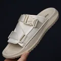 Men's breathable mesh slides in beige featuring utility buckle strap and thick sole - EU 38 / White