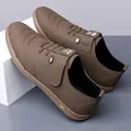 Men's dark khaki slip-on leather shoes with decorative stitching and non-slip soft sole - EU 38 / Brown