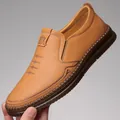 Men's tan leather loafers with thick non-slip rubber soles and soft leather finish - EU 38 / Brown