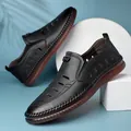 Black leather men's hollow casual sandals with non-slip sole and breathable design - EU 38 / Black