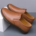 Men's brown leather slip-on loafers with fishbone embossing and non-slip soft rubber sole - EU 38 / Brown Genuine Leather