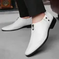 Men's stylish white leather formal shoes with metal buckle and pointed toe design - EU 38 / White