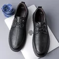 Black leather business casual men's sandals with breathable perforations and rubber soles - EU 38 / Black Hollow