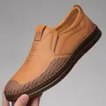 Men's tan leather slip-on loafers with breathable soft sole and decorative stitching - Decorative Printed Style (777) / Brown