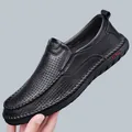 Men's casual black lychee leather loafers with breathable holes and hand-stitched detail - EU 38 / Black Hollow