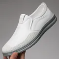 Men's white leather slip-on loafers with lightweight grey rubber anti-slip soles - Embossed Stitched Style / White