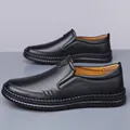 Men's slip-on casual black leather loafers with soft rubber soles and detailed stitching - Black 2023