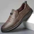 Men's dark brown slip-on leather shoes with warm plush lining and non-slip rubber sole - EU 38 / Khaki / Fleece Lined