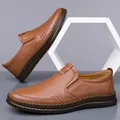 Brown slip-on men's leather loafers with hand-stitched details and non-slip rubber soles - Brown 2023