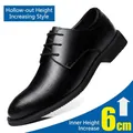 Men's black leather business derby shoes with breathable holes and 6cm height increase - 37 / Business Hollow-out Height Increasing Lace-up Style / Black
