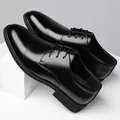 Polished black leather cap-toe Oxford shoes with brogue details and 6cm height increase - EU 38 / Black Height Increasing