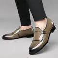 Close-up of double monk strap loafers with a gradient grey-brown glossy finish - EU 38 / Brown