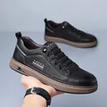 Men's casual black litchi leather shoes with brown thick rubber soles for daily style - EU 38 / Black