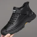 Men's black leather high-top outdoor sneakers with fleece lining and yellow sole detail - 38 / Single Lined / Black