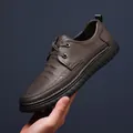 Men's dark brown leather casual shoes with thick non-slip soles and lace-up design - EU 38 / Khaki Solid