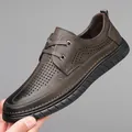 Men's dark brown leather brogues with breathable perforations and thick rubber soles - EU 38 / Khaki Hollow