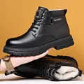 Men's high-top black leather winter boots with warm faux shearling lining and rubber sole - 38 / Black