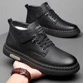 Men's black winter Martin boots featuring premium lychee texture leather and plush lining - EU 38 / Black