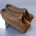 Men's casual leather shoes in dark brown with a low-top lace-up design and thick sole - EU 38 / Khaki