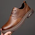 Brown leather men's business casual shoes with lychee grain texture and rubber sole - EU 45 / Brown