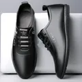 Men's casual black leather loafers with non-slip soft sole and textured finish - EU 38 / Black Single Lining