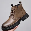 Men's dark brown leather Martin boots with thick rubber sole and lace-up design - EU 38 / Khaki Fleece Lined