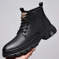 Men's black leather lace-up boots with warm lining and durable thick rubber sole - EU 38 / Black Fleece Lined