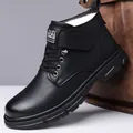 Black high-top winter leather boots with white faux fur lining and velcro strap - EU 38 / Fleece Lined Style / Black