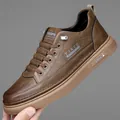 Men's slip-on dark brown leather casual shoes with litchi texture and thick rubber soles - EU 38 / Brown