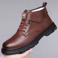 Men's brown faux leather winter boots with fleece lining and thick rubber soles - EU 38 / Fleece Lined Style / Brown