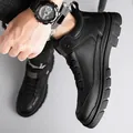 Black high-top leather casual boots for men with non-slip thick soles and lace-up design - EU 38 / Black Fleece Lined
