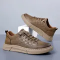 Brown leather men's sneakers with premium pebble texture and thick rubber sole - Khaki (7157)