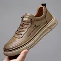 Καφέ δερμάτινα sneakers slip-on με υφή litchi και παχιές λαστιχένιες σόλες χακί - Χακί (7158)
