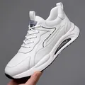 White leather fashion sneakers for men featuring black side stripes and thick soft soles - EU 38 / White