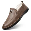 Men's dark brown slip-on leather shoes with warm white fur lining and stitching - EU 38 / Khaki Fleece Lined