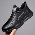 Men's casual black leather chunky sneaker with lace-up closure and thick fashion sole - EU 38 / Black