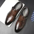 Brown leather monk strap business shoes with metal buckle and gradient finish for men - EU 38 / Brown