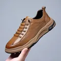 Men's brown textured leather casual shoes with grid embossing and thick platform sole - EU 38 / Khaki