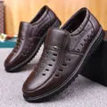 Men's brown genuine leather slip-on loafers with breathable hollow design and rubber sole - EU 38 / Hollow Out / Brown